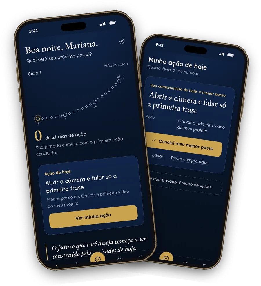 Aplicativo AGORA no iPhone, com a jornada de 21 dias e a ação do dia