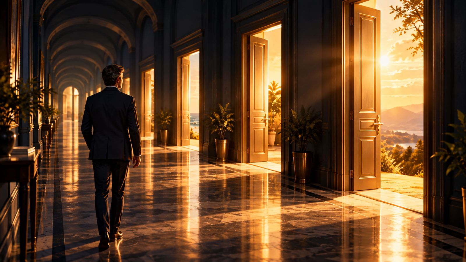 Homem caminhando por um corredor com várias portas abertas para a luz, representando os caminhos de transformação