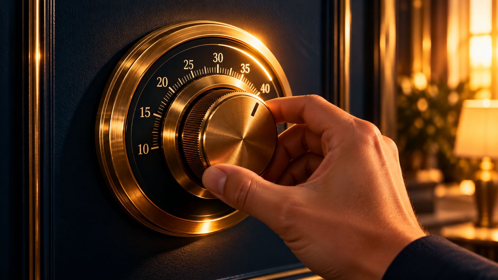Mão girando um termostato dourado para cima, metáfora do termostato financeiro do Código da Prosperidade