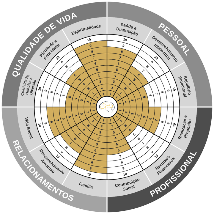 Roda da Vida com 12 áreas preenchida em dourado