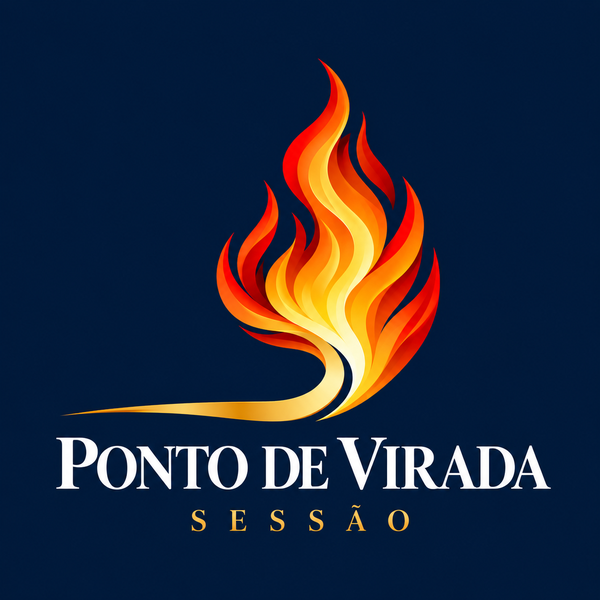 Logo da Sessão Ponto de Virada, uma chama laranja e dourada sobre fundo azul-marinho